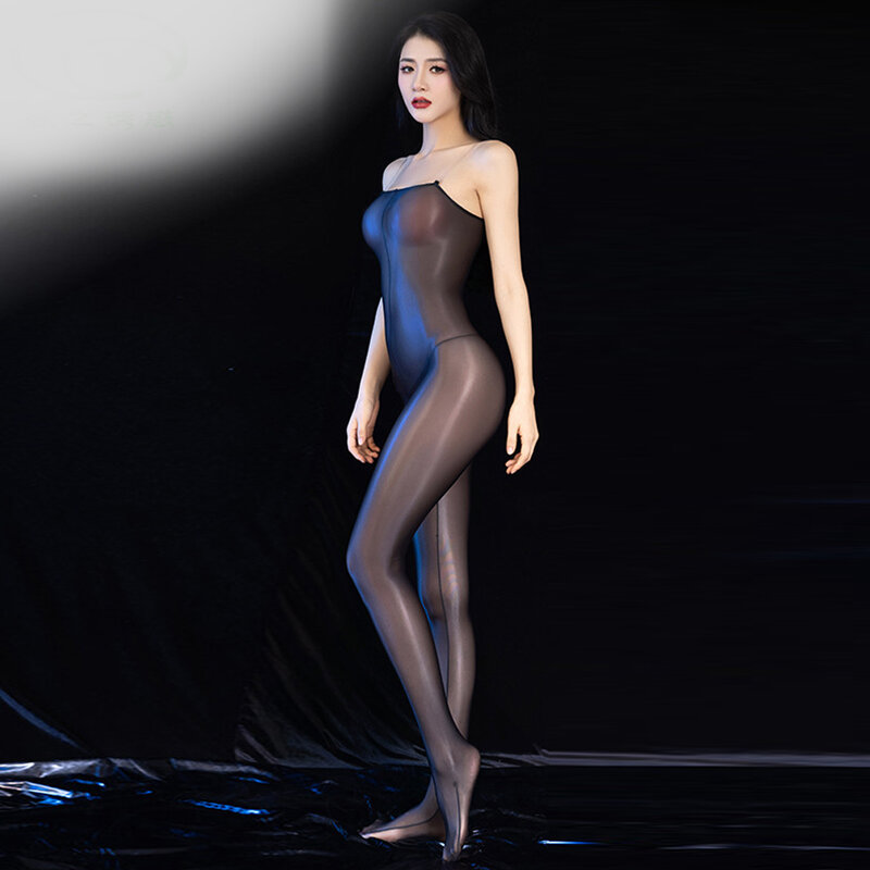 Women Sexy See Through Jumpsuit Oilshiny Glossy Suspender Jumpsuit Open Crotch Tight Bodysuit Long Selveless Erotic Nightwear
