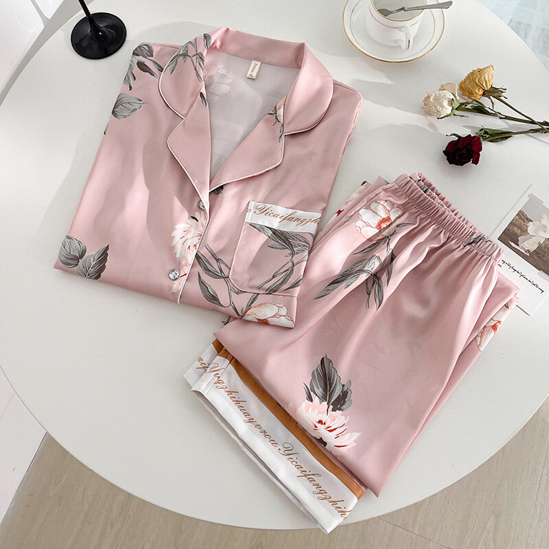 인쇄 꽃 2 피스 잠옷 한 벌 캐주얼 긴 소매 잠옷 수면 세트 핑크 새틴 홈 의류, 친밀한 란제리 잠옷