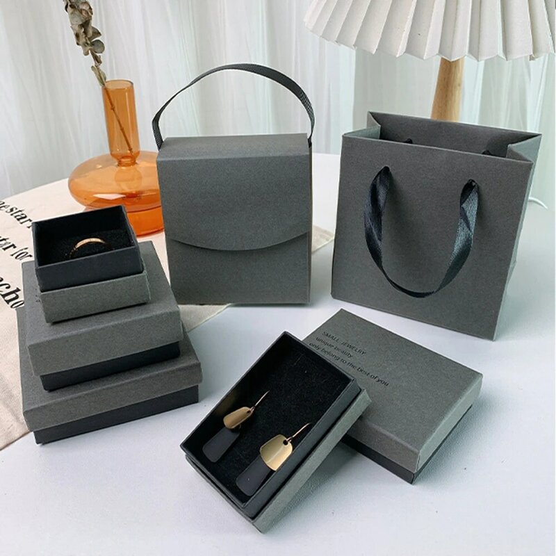 Caja de embalaje de joyería gris y negra, organizador de almacenamiento para anillo, pendientes, collar, colgante, caja de regalo de moda para boda