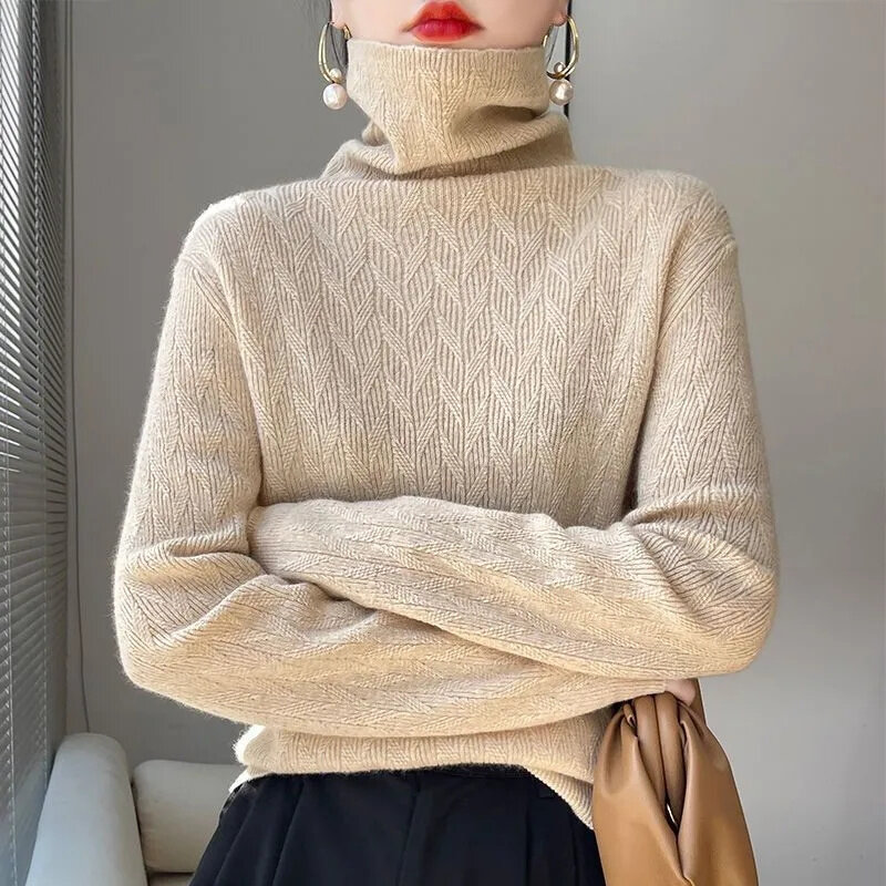 100% reine Wolle Damen pullover gestrickt Langarm High Neck Pullover neue warme weiche koreanische Passform Mode Top