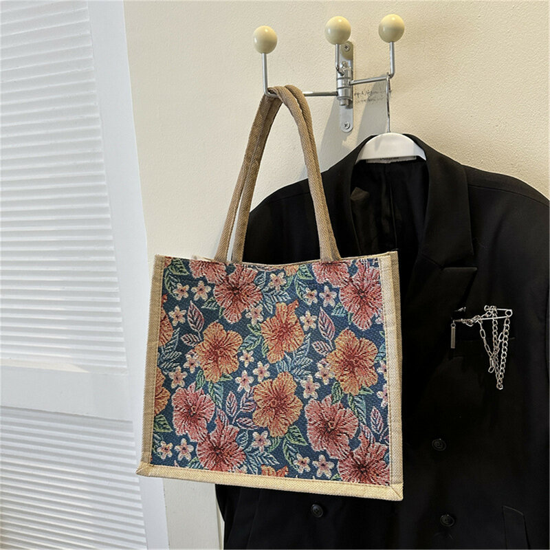 Sacola vintage estampada com flor de linho para mulheres, bolsa de grande capacidade, bolsa de ombro casual, eco simples, alça superior, sacolas de compras