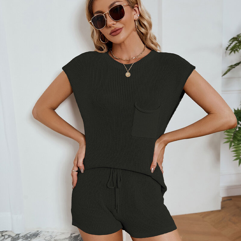 2 Piece Set Women Summer Shorts Sets Short Sleeve Loose Knit Tops + Drawstring Shorts Pants Casual Loose Female Knitted Suit
