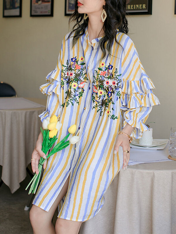 Abito camicia Ruffles strisce irregolari stile vacanza stampa ricamata abito allentato donna Top moda coreana abiti Mujer nuovo