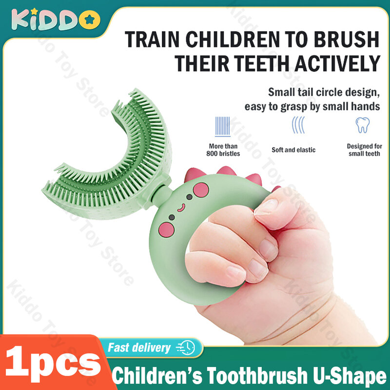 Cepillo de dientes en forma de U para niños, cepillo de silicona suave de 360 grados, adecuado para bebés, cuidado de niños pequeños, limpieza, regalos de dibujos animados