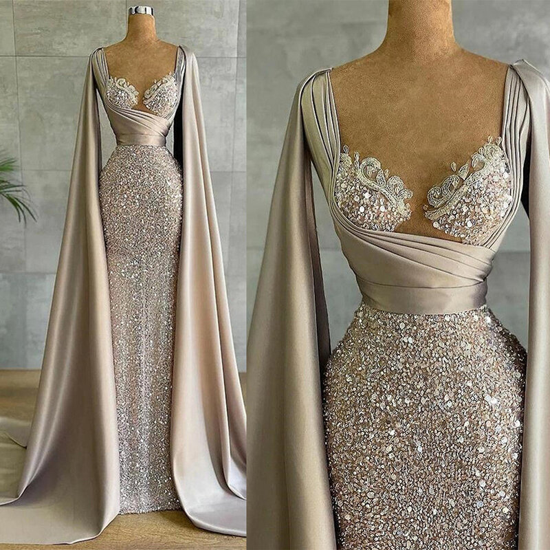 Luxury Mermaid Evening Dresses with Hat Sleeve Sequins Formal Princess Prom Gowns Arabic Robe De Soriee2023 Vestidos Noche Abiye