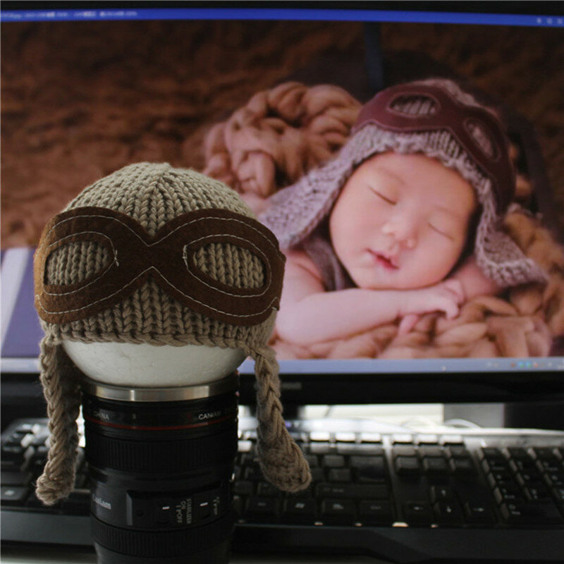 Noworodek Fotografia czapka z dzianiny Studio zdjęcie Prop akcesoria Baby Boy Air Force kapelusz niemowlę 0-1 miesiąc Fotografia w stylu pilota H