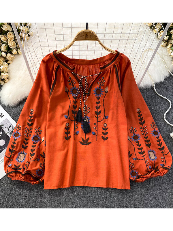 Blusa holgada de lino y algodón para mujer, camisa con cuello redondo, estilo étnico, Retro, bordado, D3549