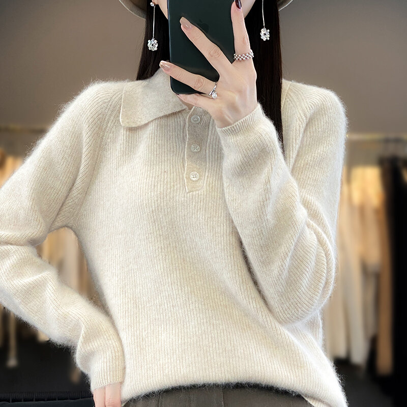 2024 Autumn/Winter New 100% Mink Fleece Polo Collar Women's Fashion Solid Color Loose Pullover Knitted Warm Long sleeved Top