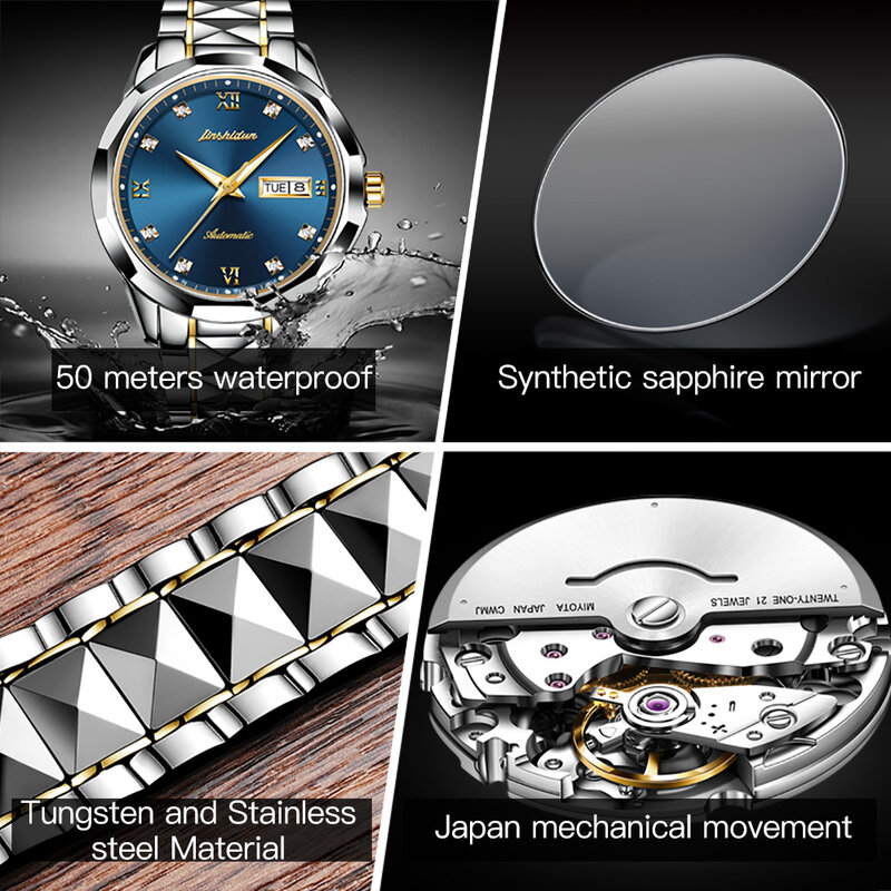 JSDUN Automatic Watch Men Original Luxury Tungsten Steel Strap Sapphire Mirror Waterproof Male Wristwatch Gift for Husband 8813