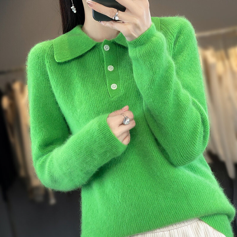2024 jesień/zima nowa 100% norek kołnierzyk Polo damska moda jednolity kolor luźny sweter z dzianiny ciepły długi rękaw