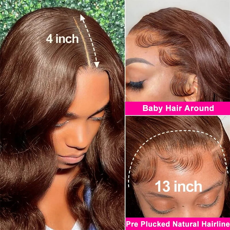 Peluca de cabello humano brasileño para mujer, postizo de encaje Frontal, color marrón Chocolate, HD, predesplumada, 13x4