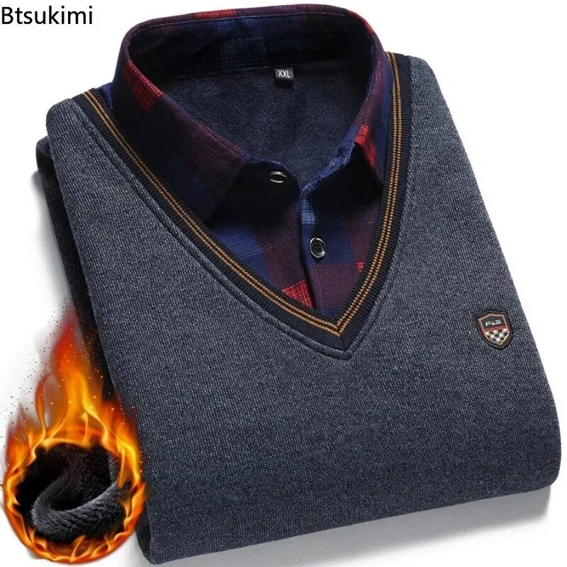 Novo outono inverno masculino lã camisa-pescoço camisola casual xadrez sólido engrossado quente lã camisola para homem todos os jogos camisas masculino