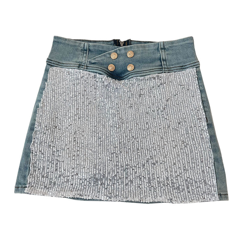 Jeans Skirts Double breasted high waist slimming Denim stitching glitter Skort skirt hip women's Faldas Clothes