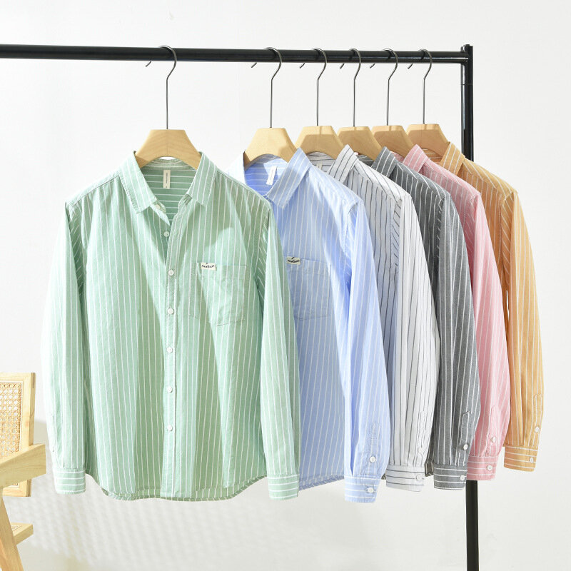 Camisa de manga larga informal versátil a rayas de algodón para hombres, camisa suelta literaria juvenil delgada, abrigo fino 100% de algodón para pesca y Camping