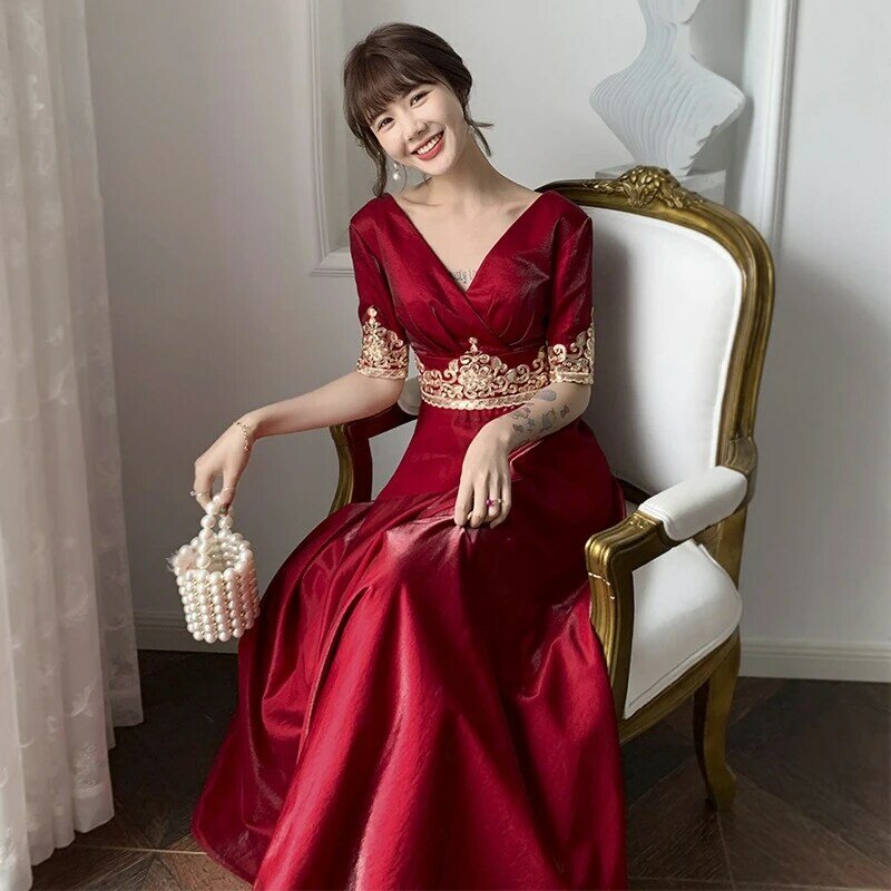 Toast Dress Bride 2022 New Fall Engagement Dresses Female Satin V-neck Evening Dress