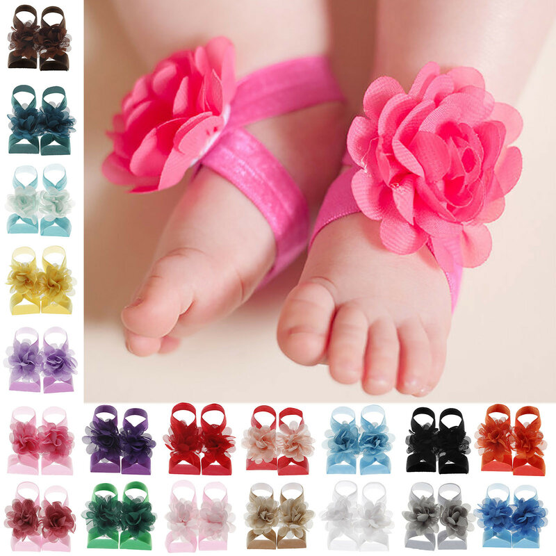Sandalias descalzas con flores para niña, zapatos de gasa sólida, accesorios para pies, para recién nacidos y niños pequeños