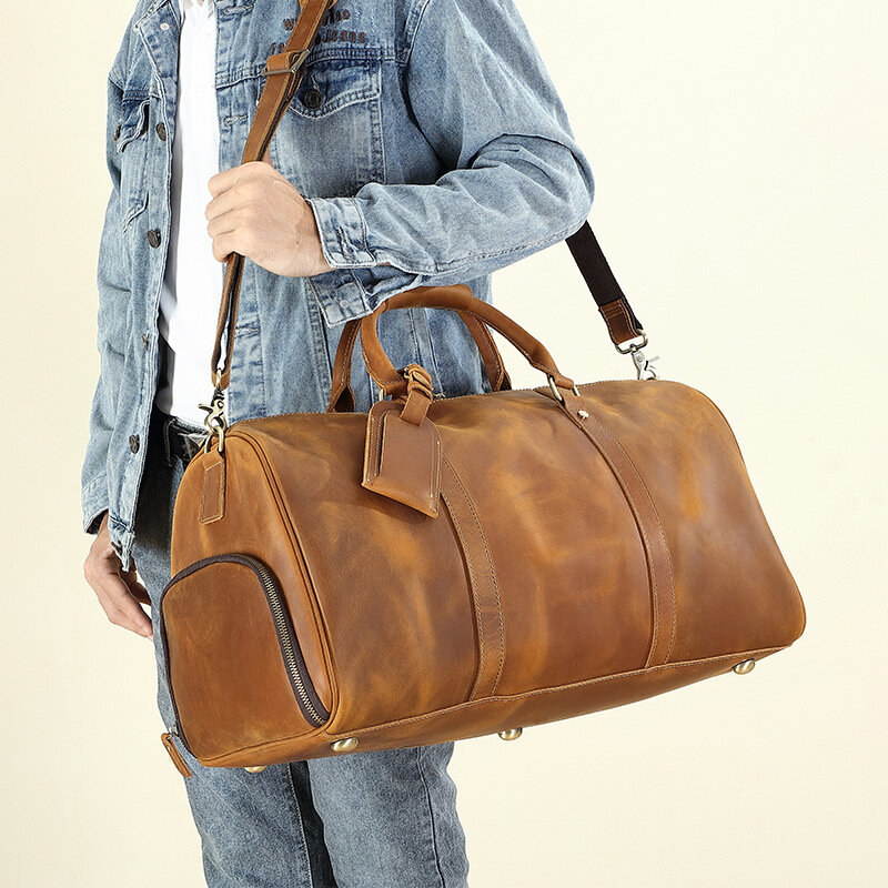 Real cowhide single shoulder crossbody men's travel bag Large capacity retro men's handbag
