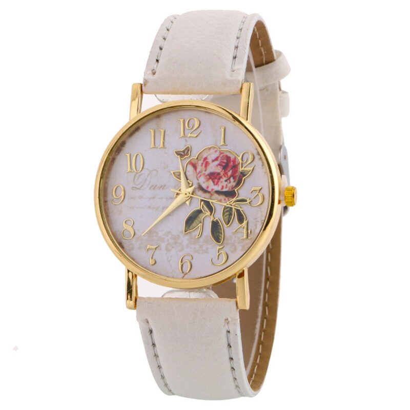 นาฬิกาแฟชั่นลำลอง PU สายหนังนาฬิกาควอตซ์สุดหรูสำหรับผู้หญิงนาฬิกาข้อมือหลายสีลายดอกไม้