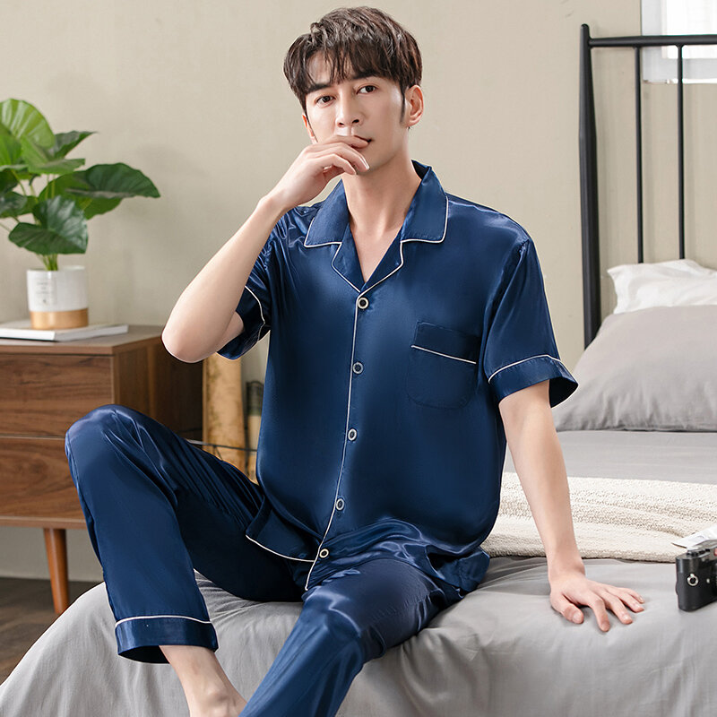 Homens conjunto de pijama pijamas verão cetim de seda manga curta masculino conjuntos de pijamas botão cardigan pijamas masculinos casual homewear
