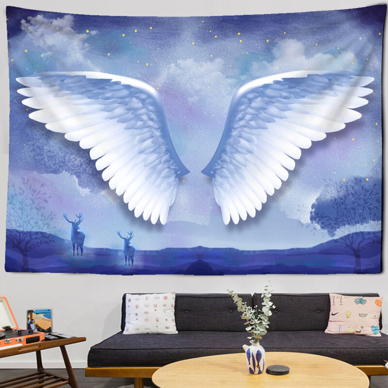 Tapisserie murale à ailes romantiques bleues, arbre à souhaits, bohème, Hippie, sorcellerie, décoration de dortoir de Science-Fiction
