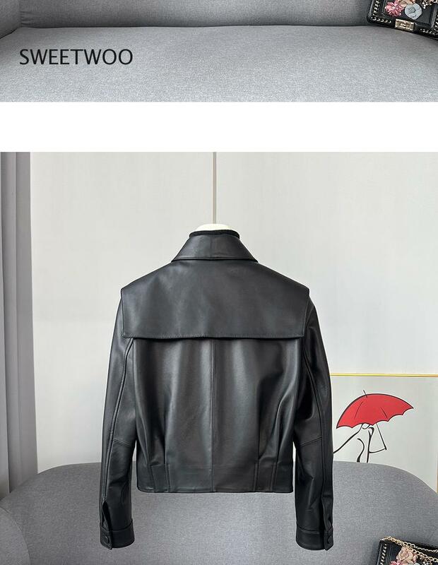 女性のためのエレガントな合成皮革ジャケット,韓国スタイルの長袖ジャケット,小さな黒い革のトップ,ファッショナブルな,秋のコート,2023
