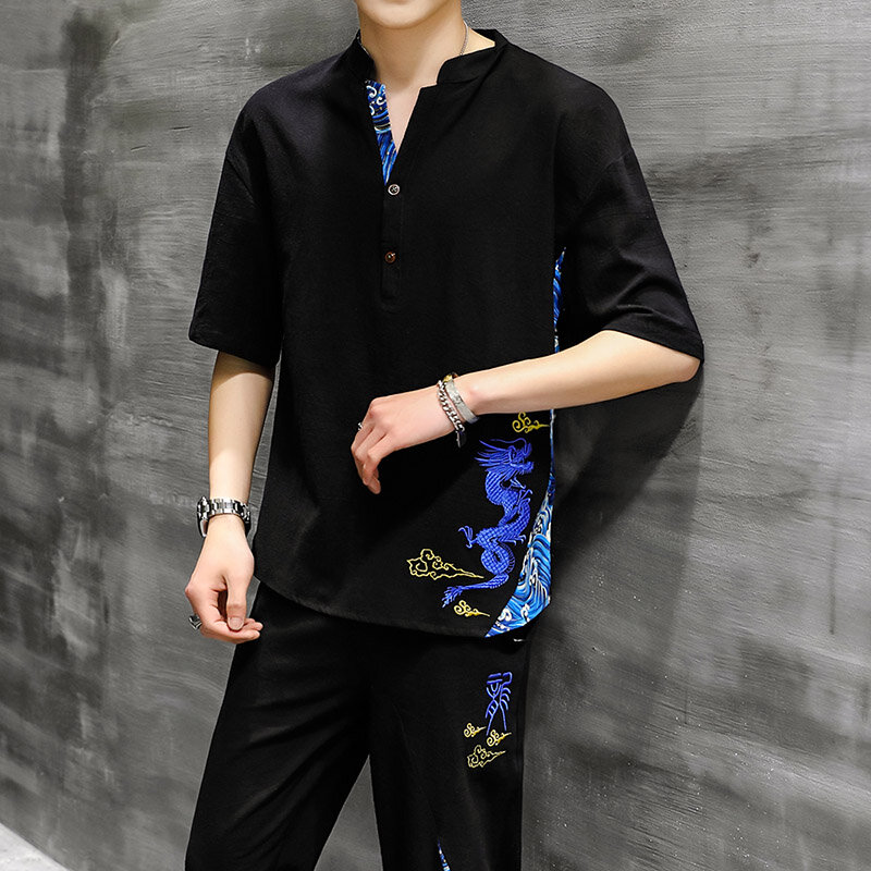 Fato Tang retrô estilo chinês masculino, calças e camisas de chá zen, uniforme Kung Fu, moda viking medieval, camiseta casual, calças
