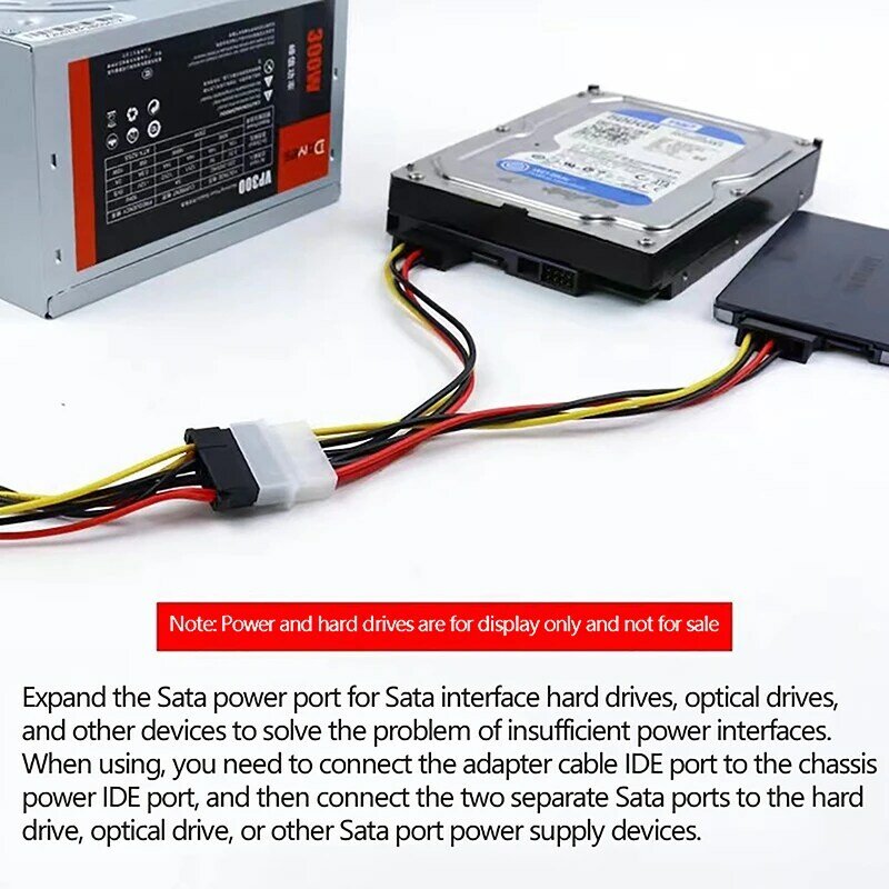 Cabo do conector do disco rígido, macho para fêmea Molex SATA Extension Cord, HDD Power Adapter, SATA 2 Serial, 4 Pin