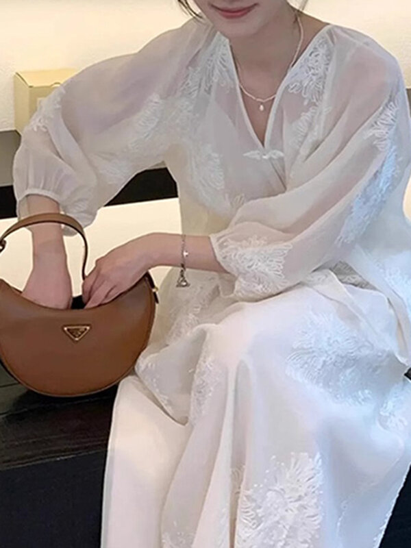 Set gaun musim panas China dua potong, setelan gaun dasar sederhana manis wanita modis putih leher V ramping untuk perempuan