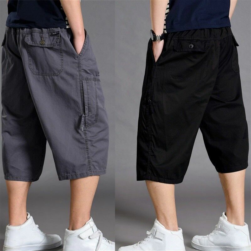 Mens Cargo Pants Shorts Loose Casual Cotton Trousers 3/4 Length Pants