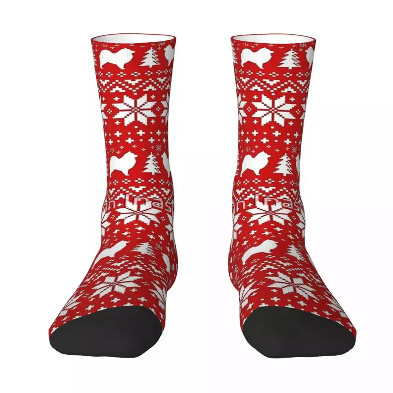 Samoyed Dog Silhouettes Red And White Christmas Holiday Pattern Socks Stockings Long Socks for Man's Woman's Birthday Present