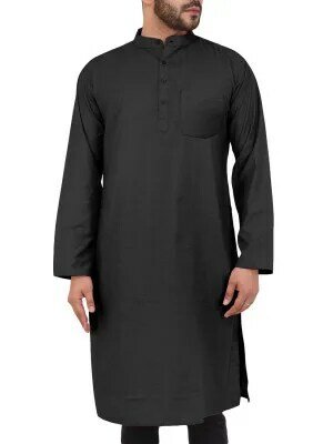 Robe caftan arabe musulman pour hommes, manches longues, lin, Thob, fendu sur le côté, bouton vers le bas, tunique longue, chemises, vêtements islamiques, 2024