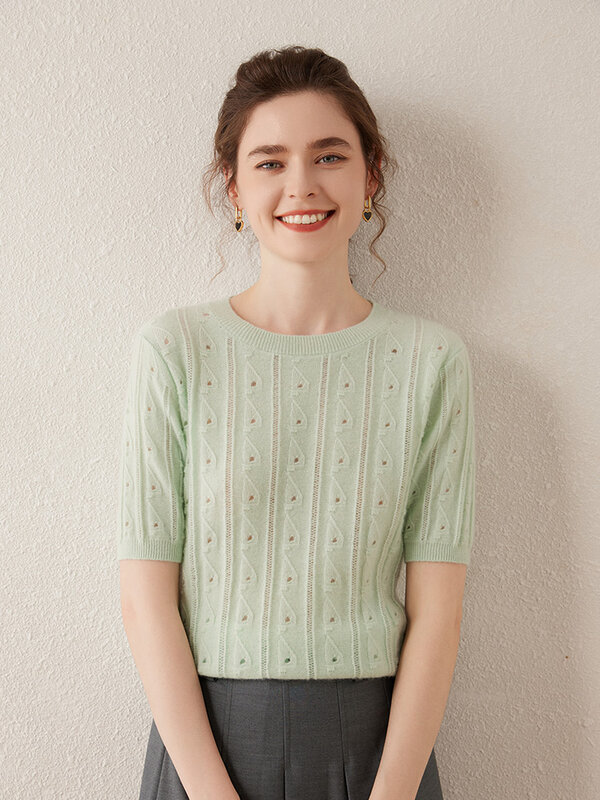 High Quality Women T-shirt Spring Summer 100% Cashmere Knitwear Hollow Short Sleeve Pullover Sweater Korean Popular Female Tops