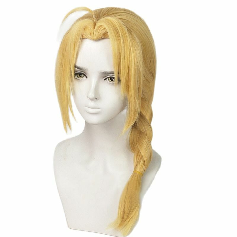 Edward Elric Peluca de Cosplay trenzada Rubia de 50cm de largo, pelucas de pelo de Cosplay resistentes al calor de Anime + gorro de peluca