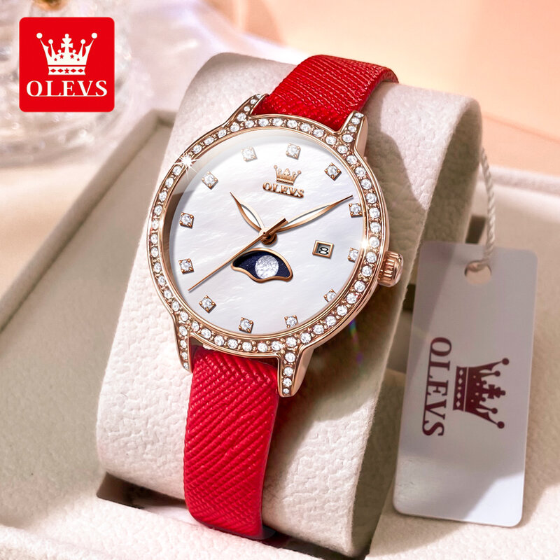 OLEVS-Relógio de quartzo de couro impermeável feminino, mostrador pequeno, relógios calendário, marca top, luxo, moda