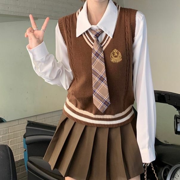Japan Korea College Jk Uniform Pak Vrouwen Gebreid Vest Shirt Geplooide Rok 3-delige Set America College Stijl School Uniform Set