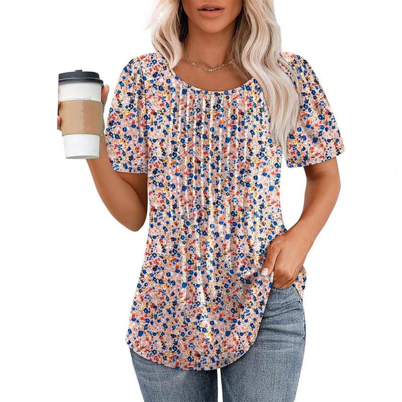 Elastic Women T-shirt Stylish Women's Summer T-shirt Collection Casual O-neck Pleated Tee Solid Color Loose Fit Pullover for A