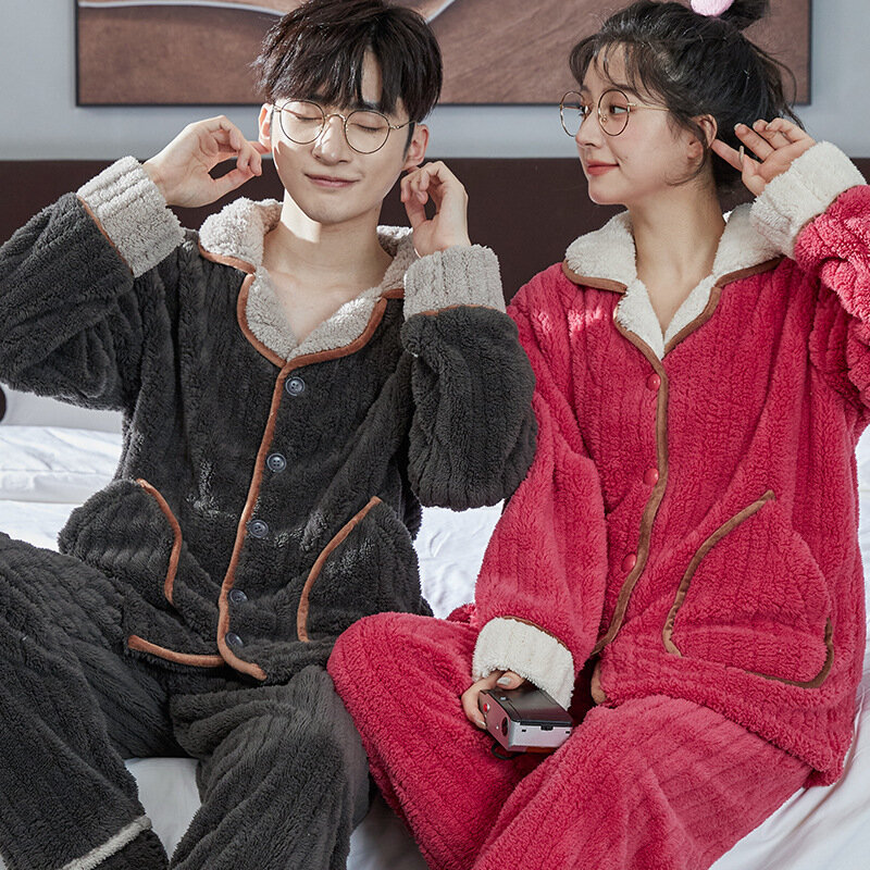 Sleepwear Nightwear Men Women Couple Pajamas Warm Flannel Pajama Sets Coral Fleece Long Sleeve Fleece Sleepwear Loungewear Sets