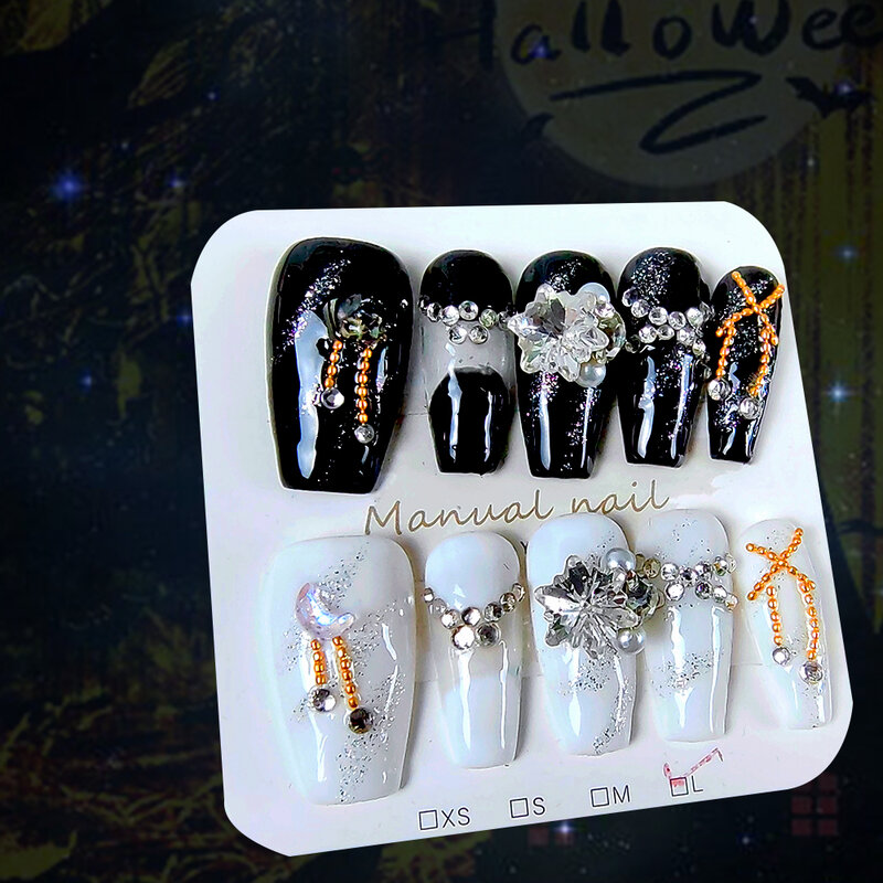 아크릴 매니큐어 반짝이 접착제 눈송이 다이아몬드 골드 와이어 체인 장식 가짜 손톱, 블랙 및 화이트 듀얼 컬러