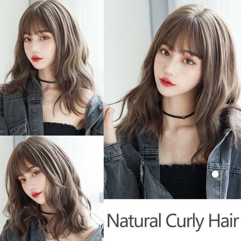 Pelucas rizadas coreanas para mujer, cabello medio largo con flequillo de aire, tocado completo, peluca esponjosa Natural, 45cm