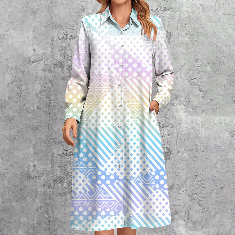 Vestido camisero con estampado de tinta colorida para mujer, informal holgado elegante vestido de manga larga, cárdigan con botones
