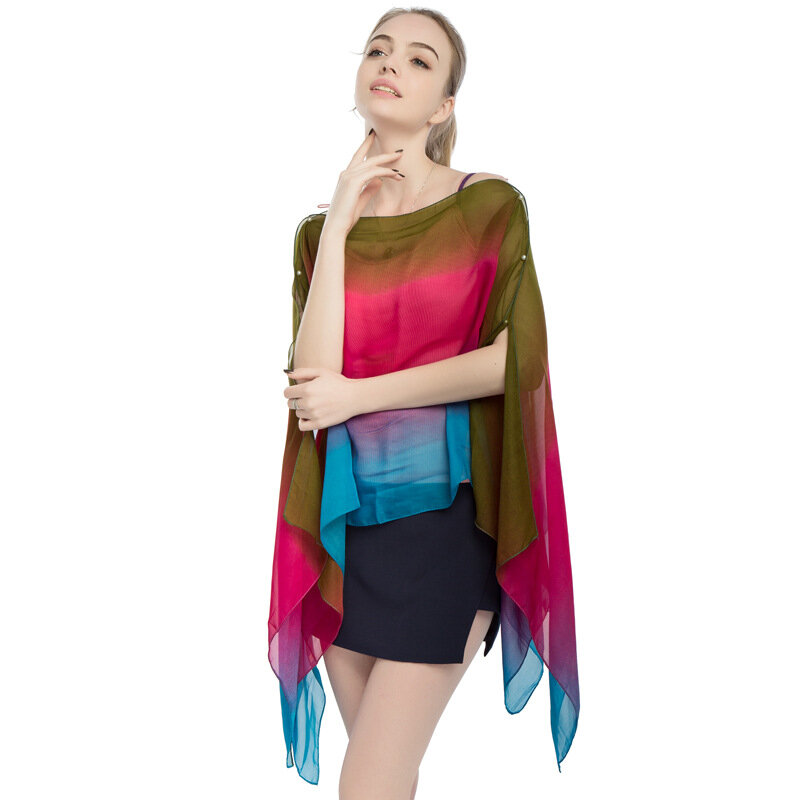 2022 verão estilo novo chiffon feminino pulôver capa impressão gradiente arco-íris protetor solar capa senhora poncho capas preto imitação de seda