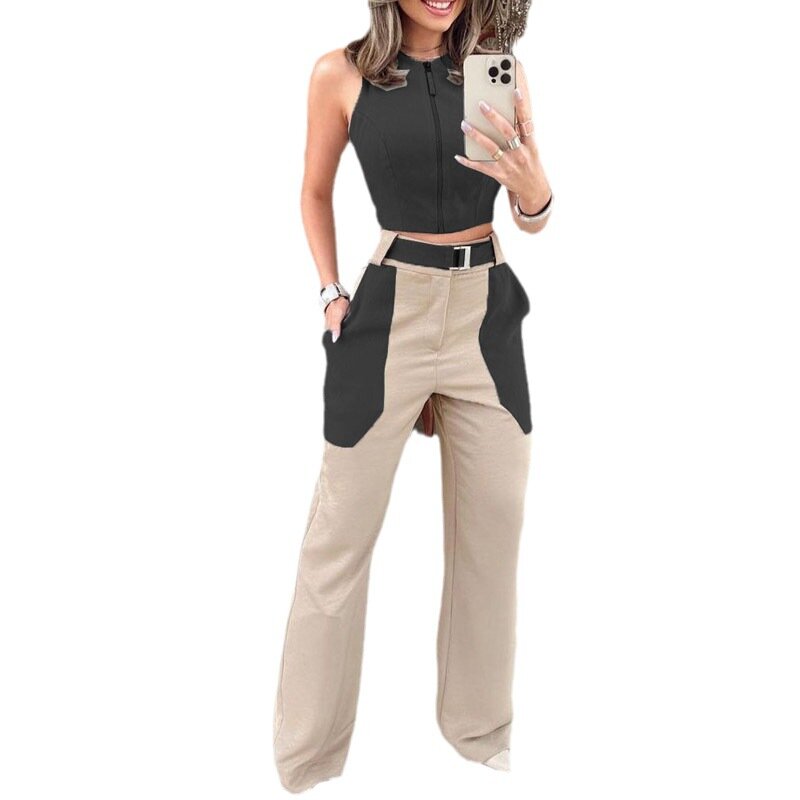 Women Pants Sets Zipper Cardigan Sleeveless Vest O Neck Backless Wide Leg Pants Sashes Casual Pockets Two Piece Sets Outifits
