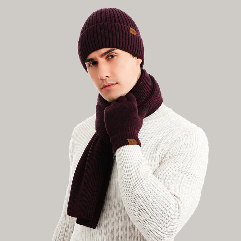 Мужской осенне-зимний теплый комплект шапка перчатки шарф Мужская шерстяная пряжа вязаный глушитель шапка однотонный шейный платок