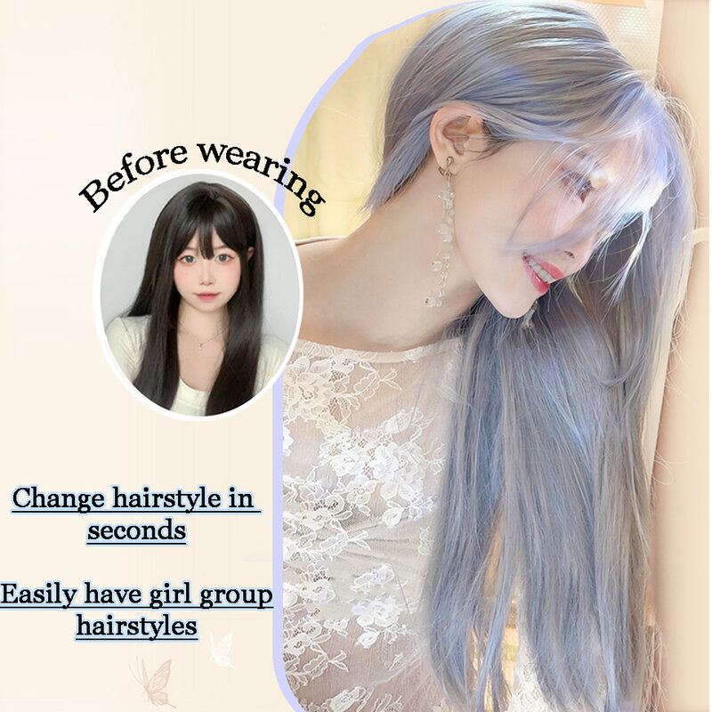 Perucas sintéticas longas e sedosas com franja para mulheres, cabelo lolita, peruca natural resistente ao calor, azul, festa cosplay, cinza, neblina
