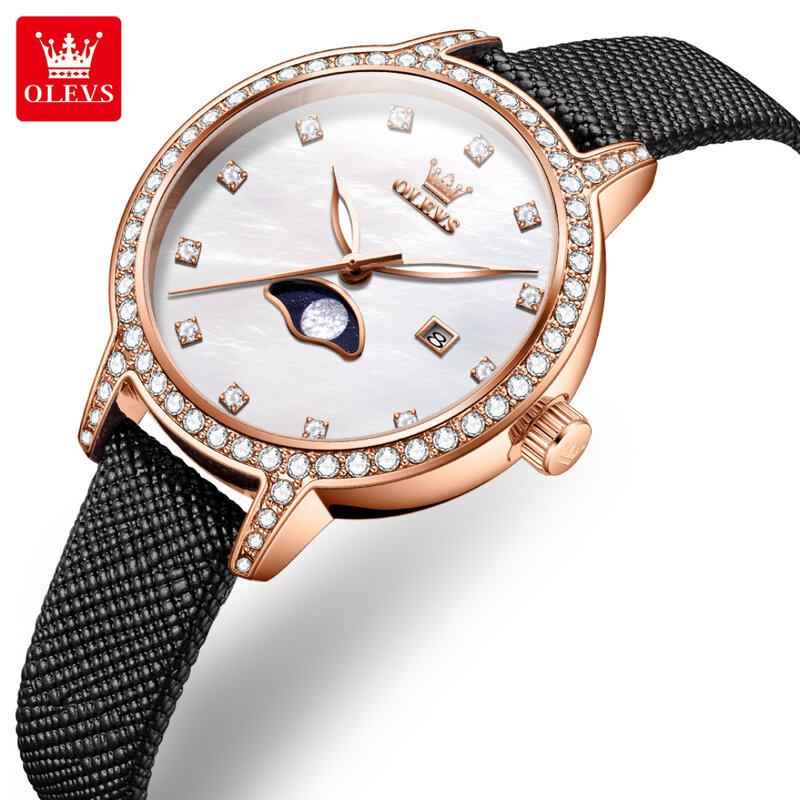OLEVS-Montre à quartz avec bracelet en cuir, calendrier à cadran rond, cadeau tendance, 5597