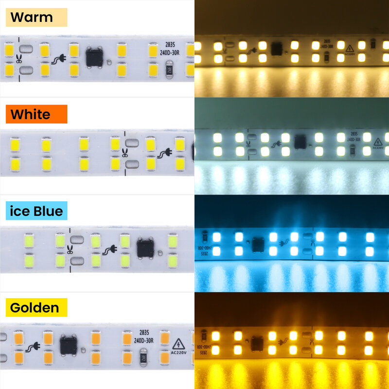 고휘도 방수 LED 스트립 접착 테이프, SMD 2835, 120LEDs/m, 240LEDs/m, 흰색, 노란색, 아이스 블루, 10m, 20m, 220V