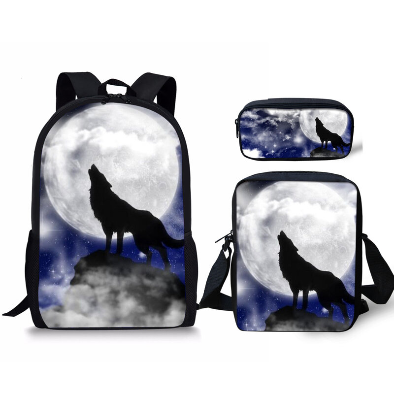 Klasyczny wilk na z księżycem 3D nadruk 3 sztuk/zestaw szkolne torby mała torba na laptopa plecak pochylona torba na ramię piórnik
