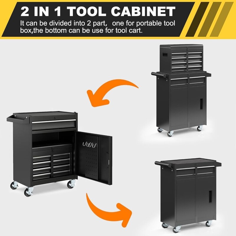 Toolbox, 5-Drawer Rolling Tool Chests & Cabinets, Detachable Top Toolboxes and Lockable Wheels Tool Cart, Toolbox