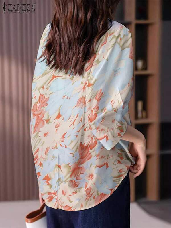 ZANZEA-Chemisier imprimé floral à manches 3/4 pour femme, chemise décontractée, style bohème, vintage, été
