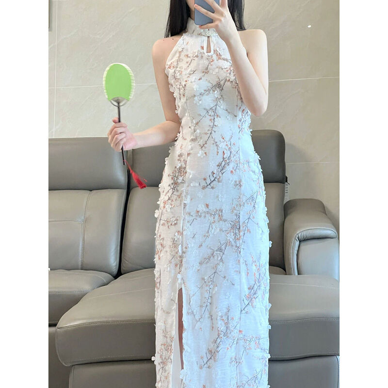 Ulepszony chiński styl Qipao bez rękawów Halter dekolt suknia w stylu Qipao wąska obcisła elegancka seksowna letnia odzież występ na imprezie